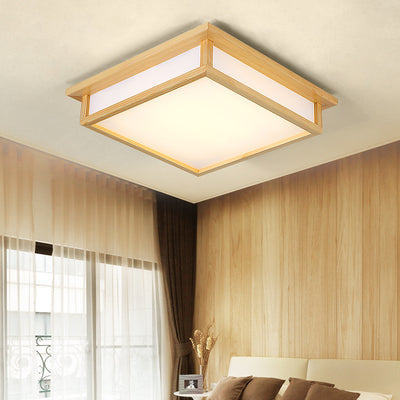 Traditional Japanese Square Wood Acrylic LED Flush Mount Ceiling Light For Bedroom