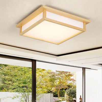 Traditional Japanese Square Wood Acrylic LED Flush Mount Ceiling Light For Bedroom