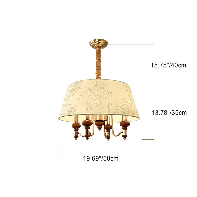 Traditional French Round Candle Holder Solid Wood Iron Frame Fabric Shade 4-Light Chandelier For Living Room