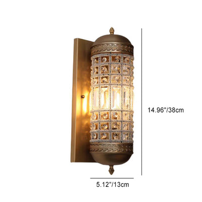 Traditional European Cylinder Hollowed Out Square Iron Frame Crystal Shade 1-Light Wall Sconce Lamp For Living Room