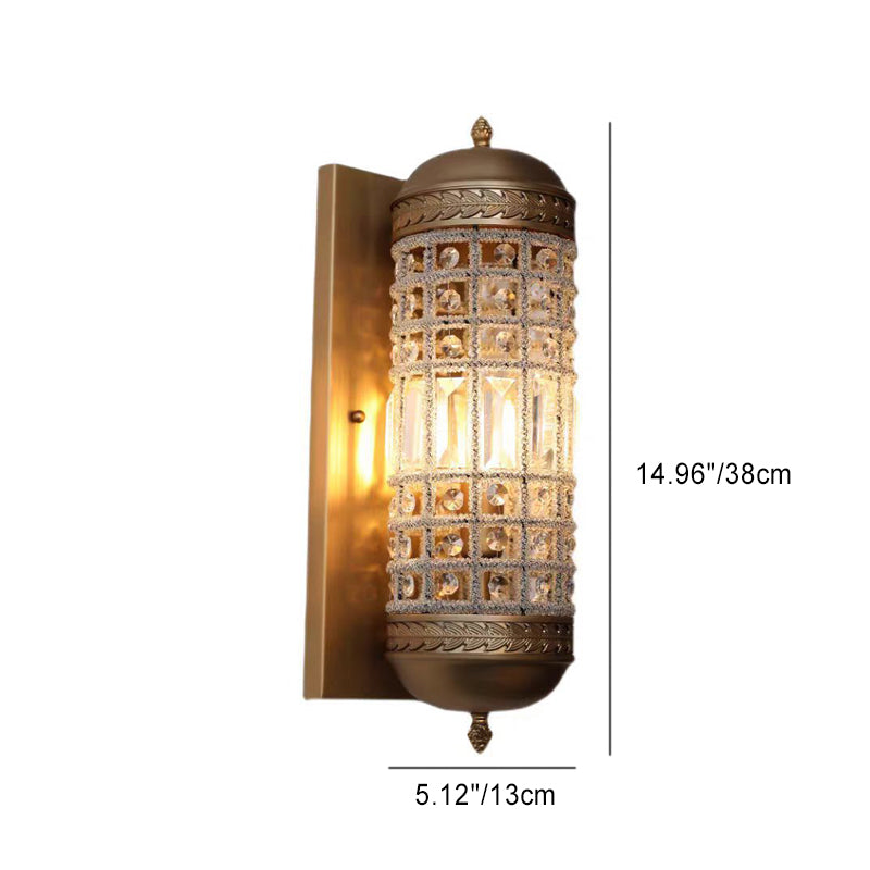 Traditional European Cylinder Hollowed Out Square Iron Frame Crystal Shade 1-Light Wall Sconce Lamp For Living Room