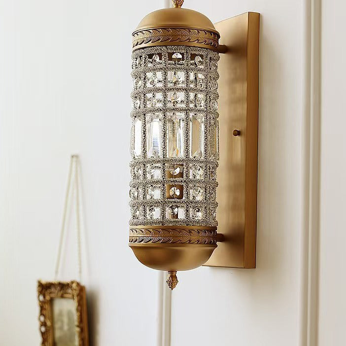 Traditional European Cylinder Hollowed Out Square Iron Frame Crystal Shade 1-Light Wall Sconce Lamp For Living Room