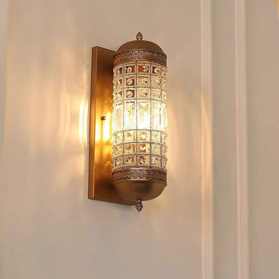 Traditional European Cylinder Hollowed Out Square Iron Frame Crystal Shade 1-Light Wall Sconce Lamp For Living Room