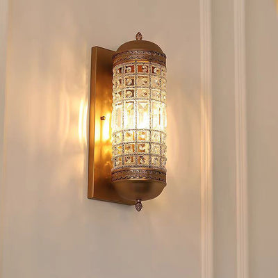 Traditional European Cylinder Hollowed Out Square Iron Frame Crystal Shade 1-Light Wall Sconce Lamp For Living Room