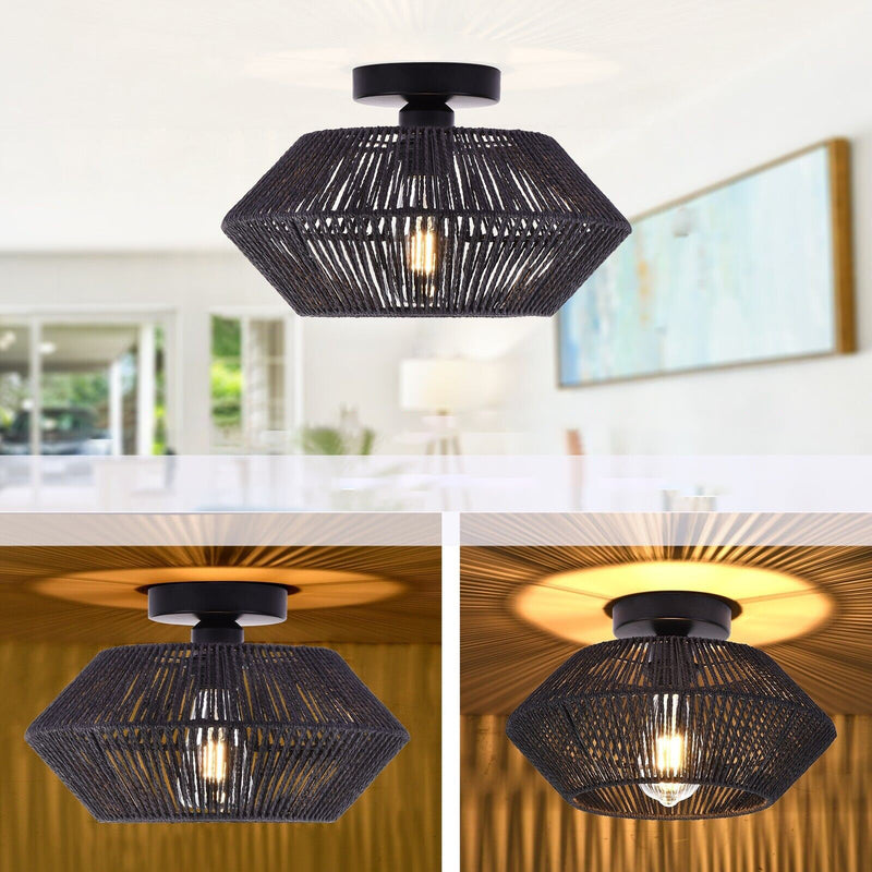 Contemporary Boho Round Rattan 1-Light Semi-Flush Mount Ceiling Light For Living Room