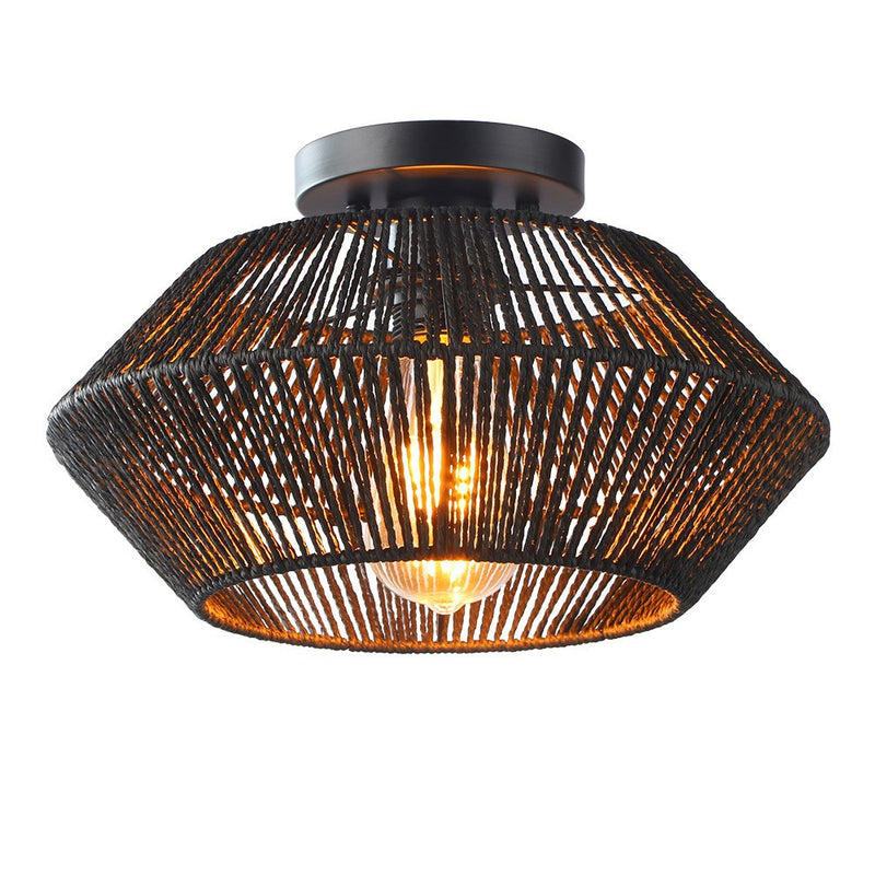 Contemporary Boho Round Rattan 1-Light Semi-Flush Mount Ceiling Light For Living Room