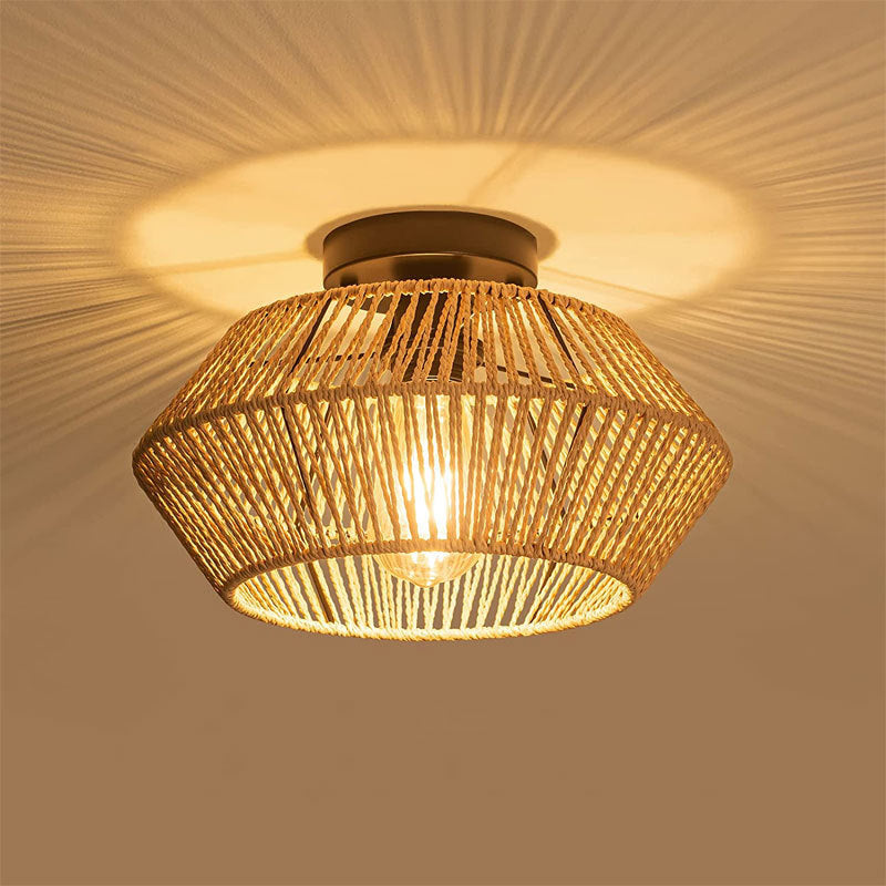 Contemporary Boho Round Rattan 1-Light Semi-Flush Mount Ceiling Light For Living Room