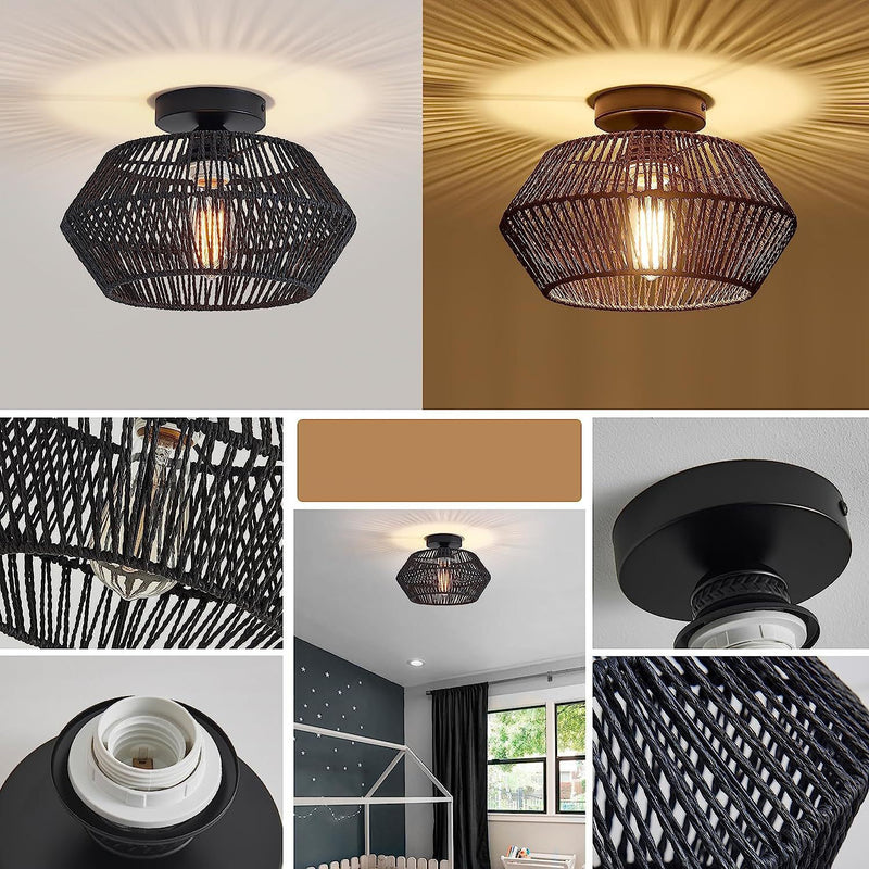 Contemporary Boho Round Rattan 1-Light Semi-Flush Mount Ceiling Light For Living Room