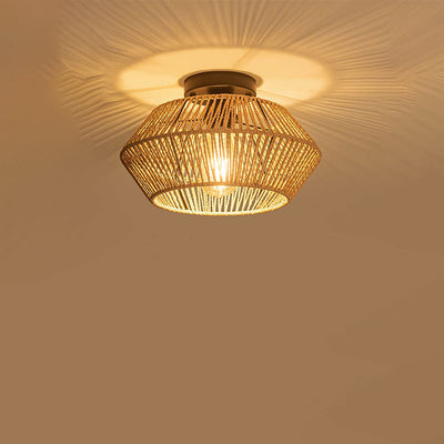 Contemporary Boho Round Rattan 1-Light Semi-Flush Mount Ceiling Light For Living Room