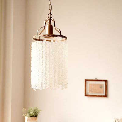 Traditional French Round Iron Crystal Tassel 1-Light Pendant Light For Living Room