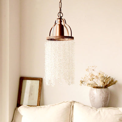 Traditional French Round Iron Crystal Tassel 1-Light Pendant Light For Living Room