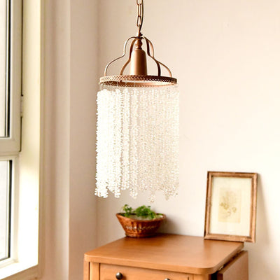 Traditional French Round Iron Crystal Tassel 1-Light Pendant Light For Living Room