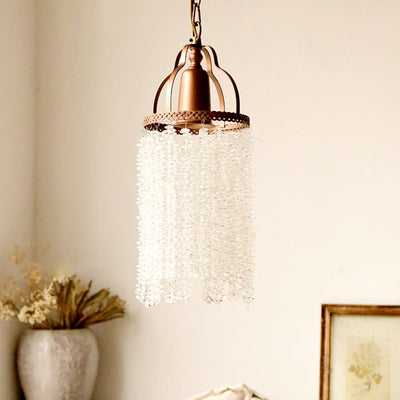 Traditional French Round Iron Crystal Tassel 1-Light Pendant Light For Living Room