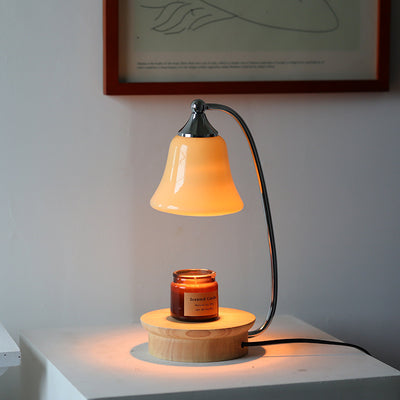 Lampe de table en bois massif de chêne en forme de corne Art Déco moderne avec base en bois massif, cadre en fer et abat-jour en verre 1 lumière pour chambre à coucher aromathérapie avec cire fondue 