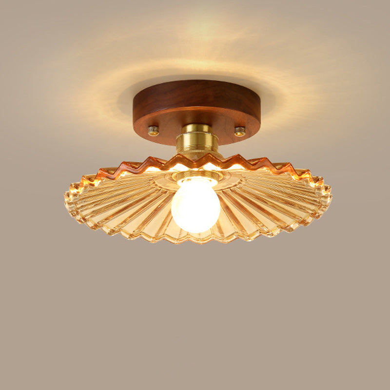 Traditional French Cone Wood Glass Copper 1-Light Semi-Flush Mount Ceiling Light For Living Room