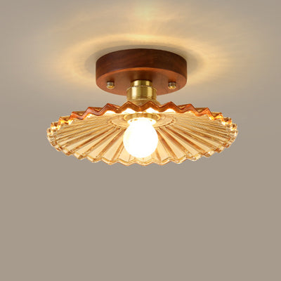 Traditional French Cone Wood Glass Copper 1-Light Semi-Flush Mount Ceiling Light For Living Room