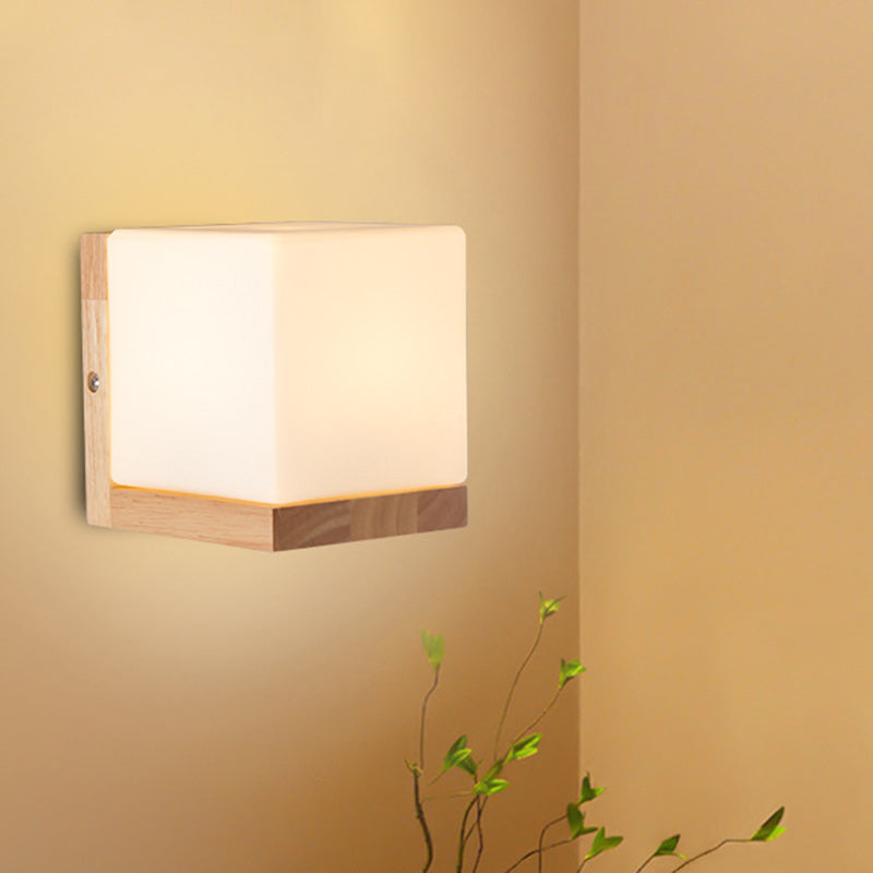 Contemporary Scandinavian Rectangular Wood Glass 1-Light Wall Sconce Lamp For Living Room