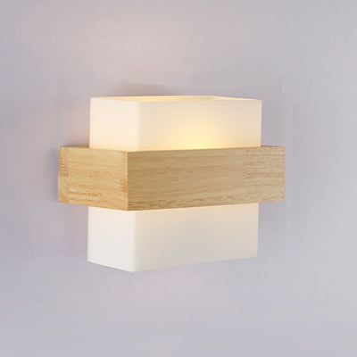 Contemporary Scandinavian Rectangular Wood Glass 1-Light Wall Sconce Lamp For Living Room