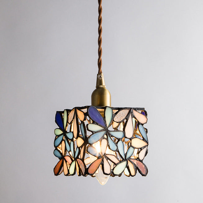 Traditional Japanese Cube Copper Glass 1-Light Pendant Light For Living Room