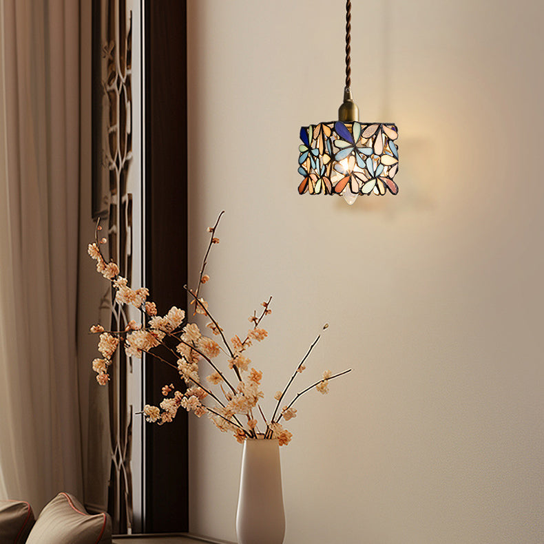 Traditional Japanese Cube Copper Glass 1-Light Pendant Light For Living Room