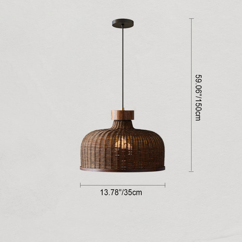 Traditional Chinese Drum Rattan Iron 1-Light Pendant Light For Living Room