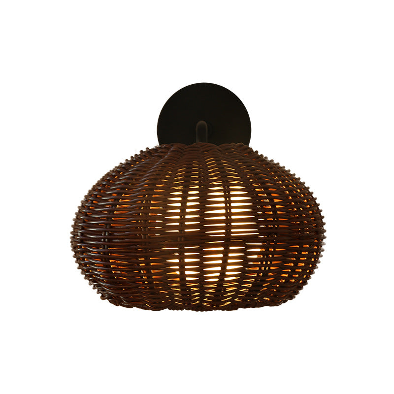 Contemporary Nordic Round Rattan Iron 1-Light Wall Sconce Lamp For Outdoor