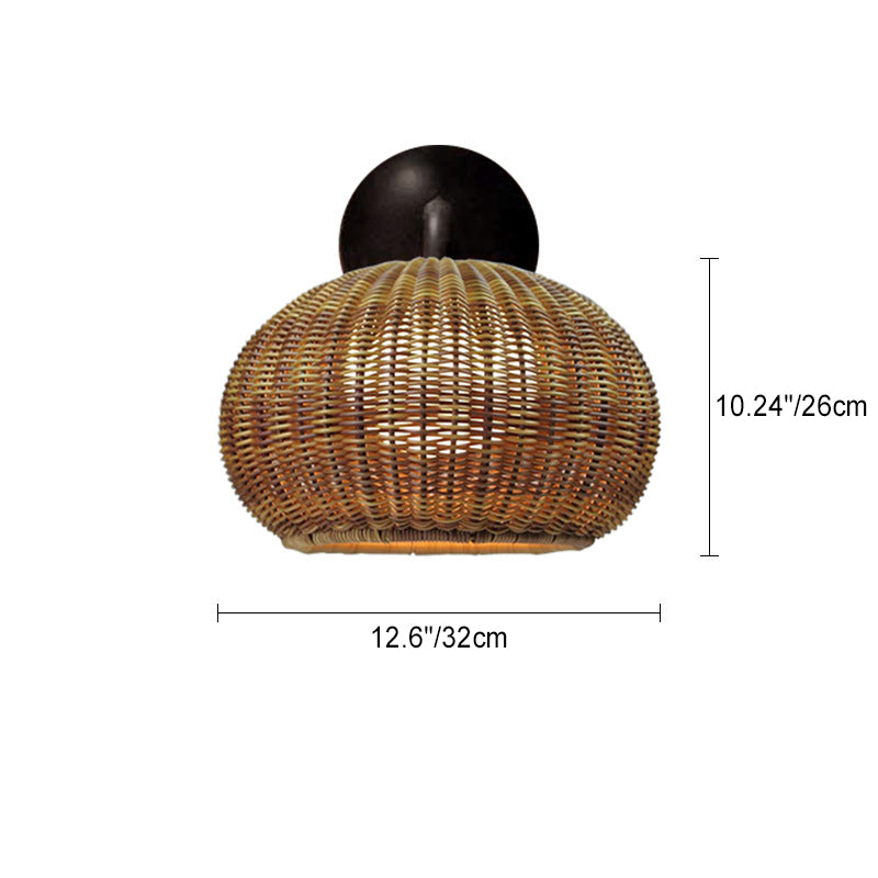 Contemporary Nordic Round Rattan Iron 1-Light Wall Sconce Lamp For Outdoor