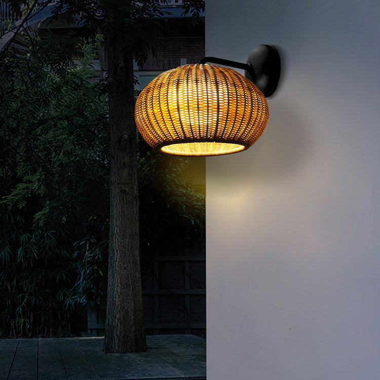 Contemporary Nordic Round Rattan Iron 1-Light Wall Sconce Lamp For Outdoor