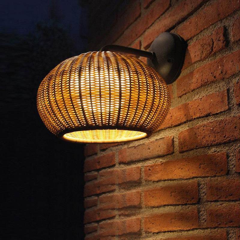 Contemporary Nordic Round Rattan Iron 1-Light Wall Sconce Lamp For Outdoor