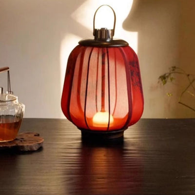 Traditional Chinese Cylinder Wood Fabric LED Table Lamp For Living Room