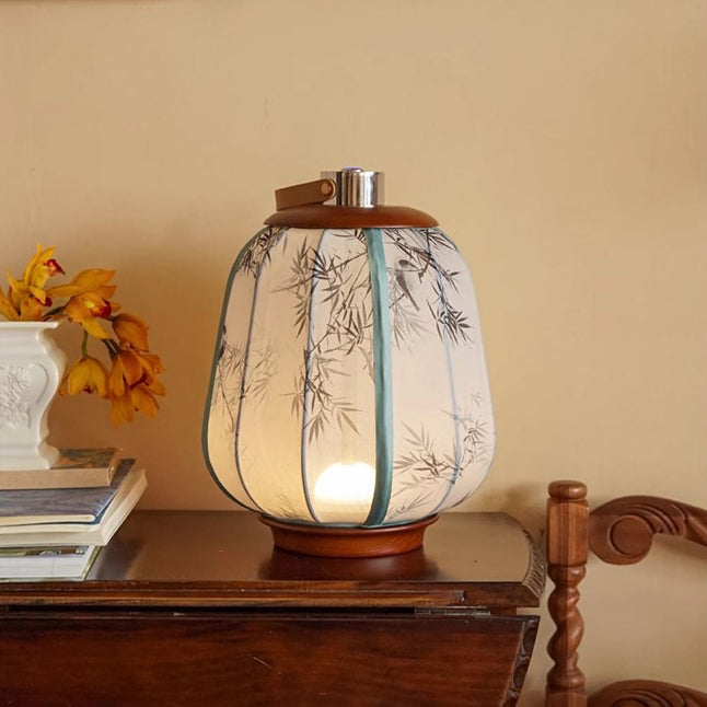 Traditional Chinese Cylinder Wood Fabric LED Table Lamp For Living Room