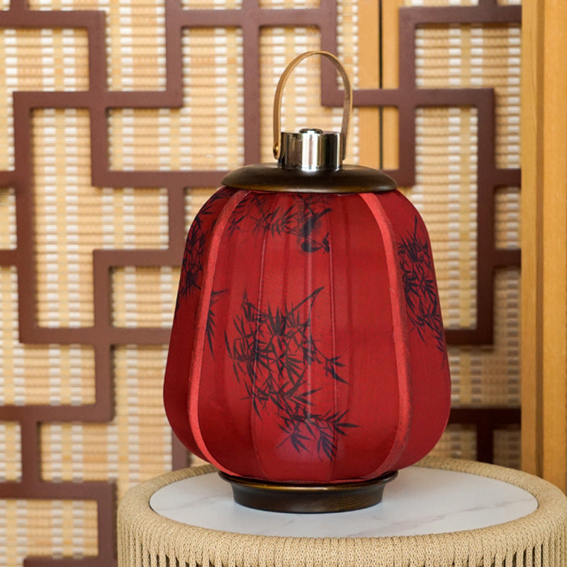 Traditional Chinese Cylinder Wood Fabric LED Table Lamp For Living Room