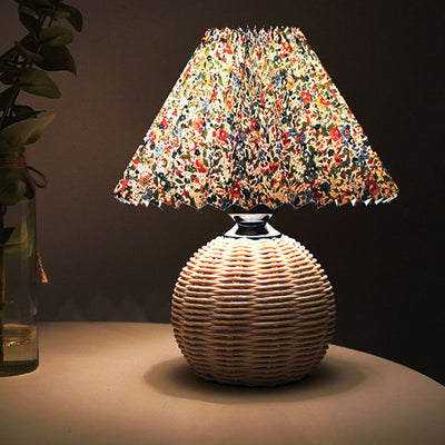 Contemporary Scandinavian Cone Plastic Rattan Fabric LED Table Lamp For Living Room