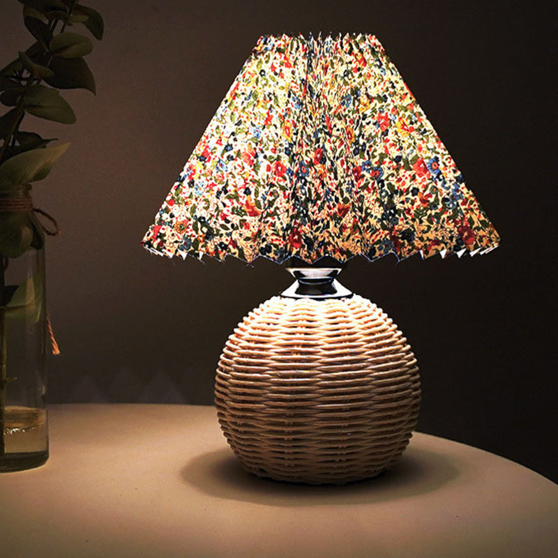 Contemporary Scandinavian Cone Plastic Rattan Fabric LED Table Lamp For Living Room