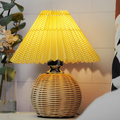 Contemporary Scandinavian Cone Plastic Rattan Fabric LED Table Lamp For Living Room