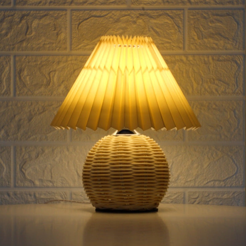 Contemporary Scandinavian Cone Plastic Rattan Fabric LED Table Lamp For Living Room