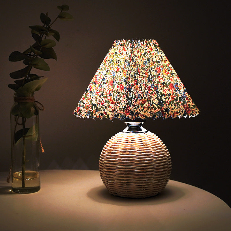 Contemporary Scandinavian Cone Plastic Rattan Fabric LED Table Lamp For Living Room