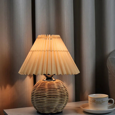 Contemporary Scandinavian Cone Plastic Rattan Fabric LED Table Lamp For Living Room