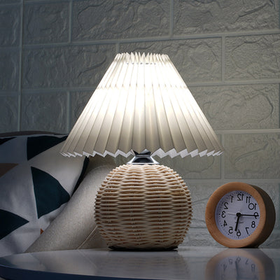 Contemporary Scandinavian Cone Plastic Rattan Fabric LED Table Lamp For Living Room