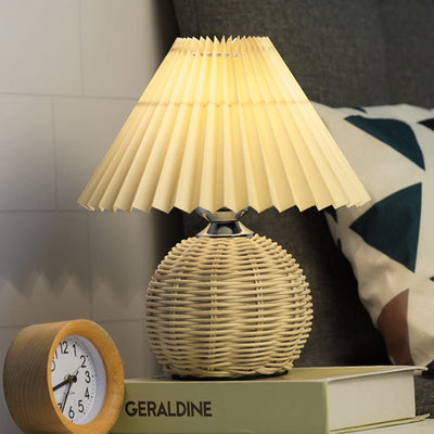 Contemporary Scandinavian Cone Plastic Rattan Fabric LED Table Lamp For Living Room