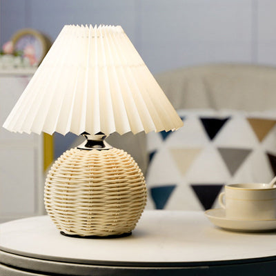 Contemporary Scandinavian Cone Plastic Rattan Fabric LED Table Lamp For Living Room