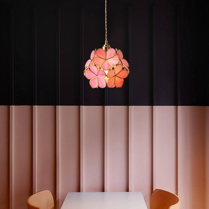 Contemporary Nordic Flower Copper Glass 1-Light Pendant Light For Living Room