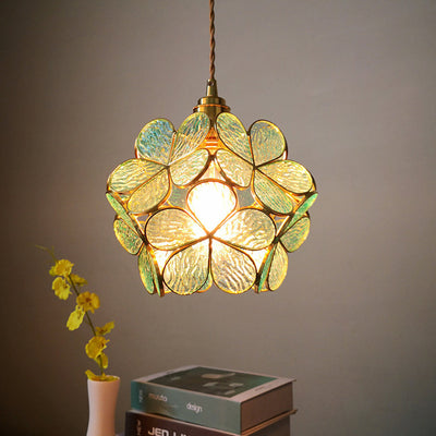 Contemporary Nordic Flower Copper Glass 1-Light Pendant Light For Living Room