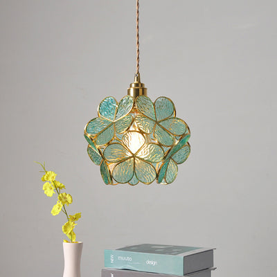 Contemporary Nordic Flower Copper Glass 1-Light Pendant Light For Living Room