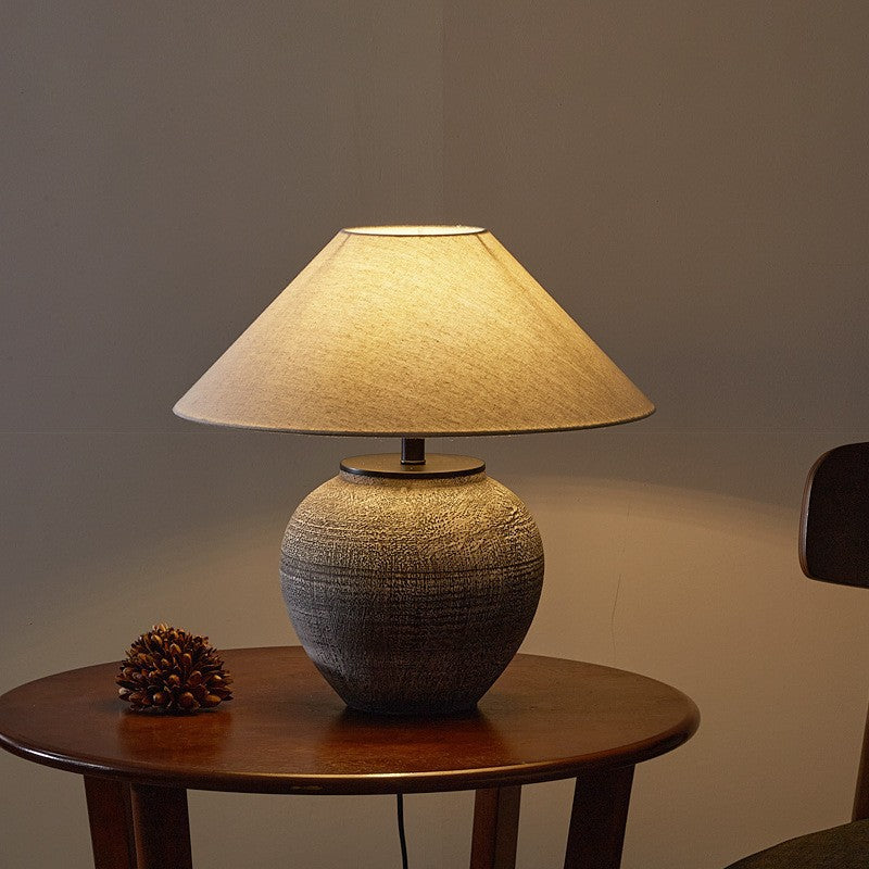 Traditional Japanese Drum Ceramic Fabric 1-Light Table Lamp For Living Room