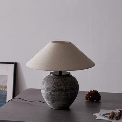 Traditional Japanese Drum Ceramic Fabric 1-Light Table Lamp For Living Room