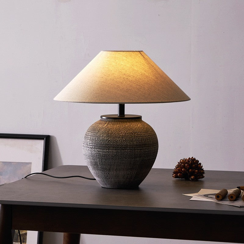 Traditional Japanese Drum Ceramic Fabric 1-Light Table Lamp For Living Room