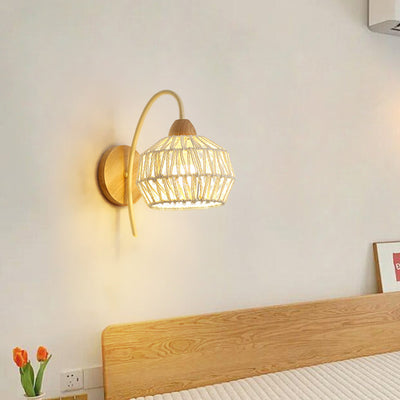 Traditional Japanese Drum Iron Wood Rattan 1-Light Wall Sconce Lamp For Living Room