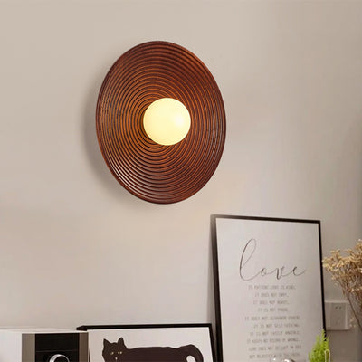 Traditional Japanese Round Wood 1-Light Wall Sconce Lamp For Living Room