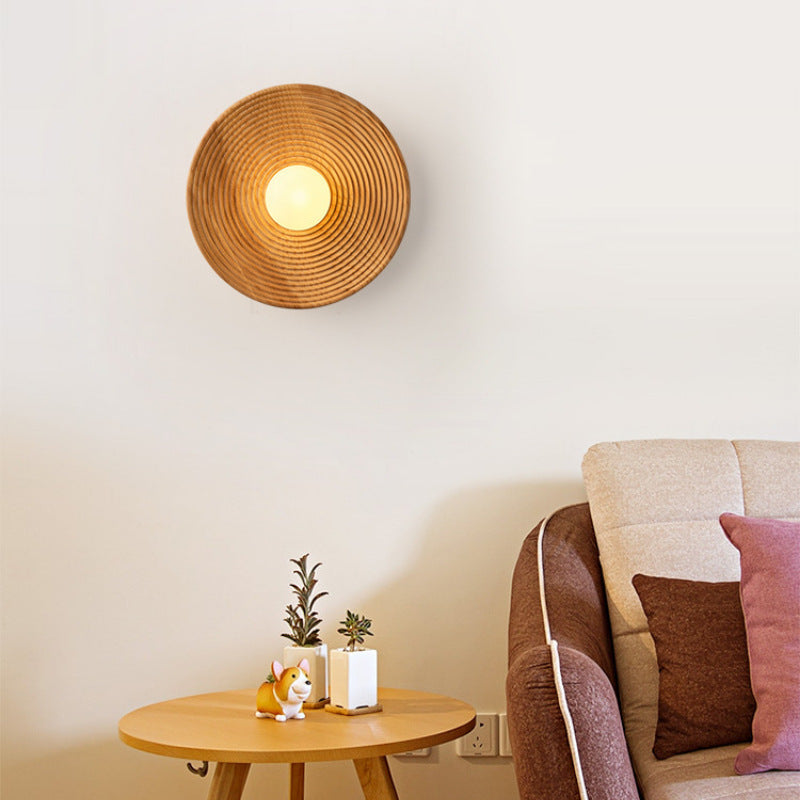 Traditional Japanese Round Wood 1-Light Wall Sconce Lamp For Living Room